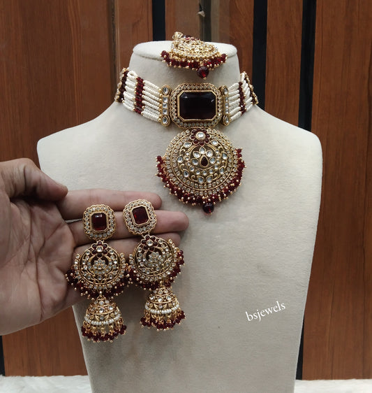 Gold Maroon Kundan Choker Jewellery Petkoff Set