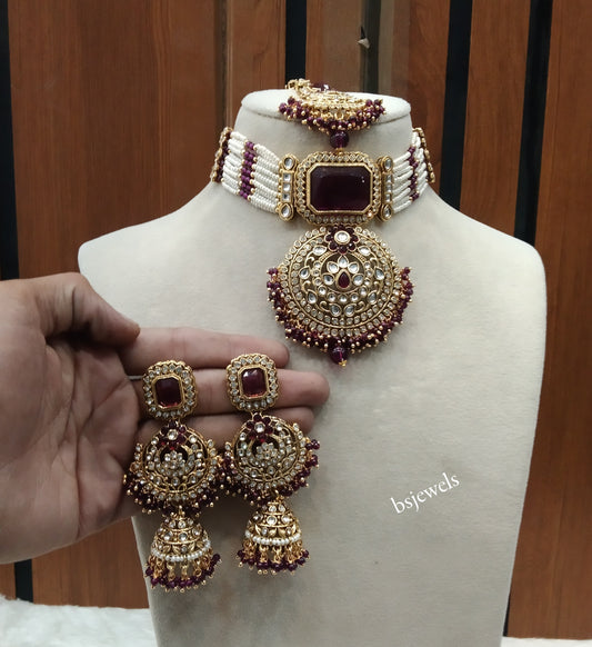 Gold Purple Kundan Choker Jewellery Petkoff Set