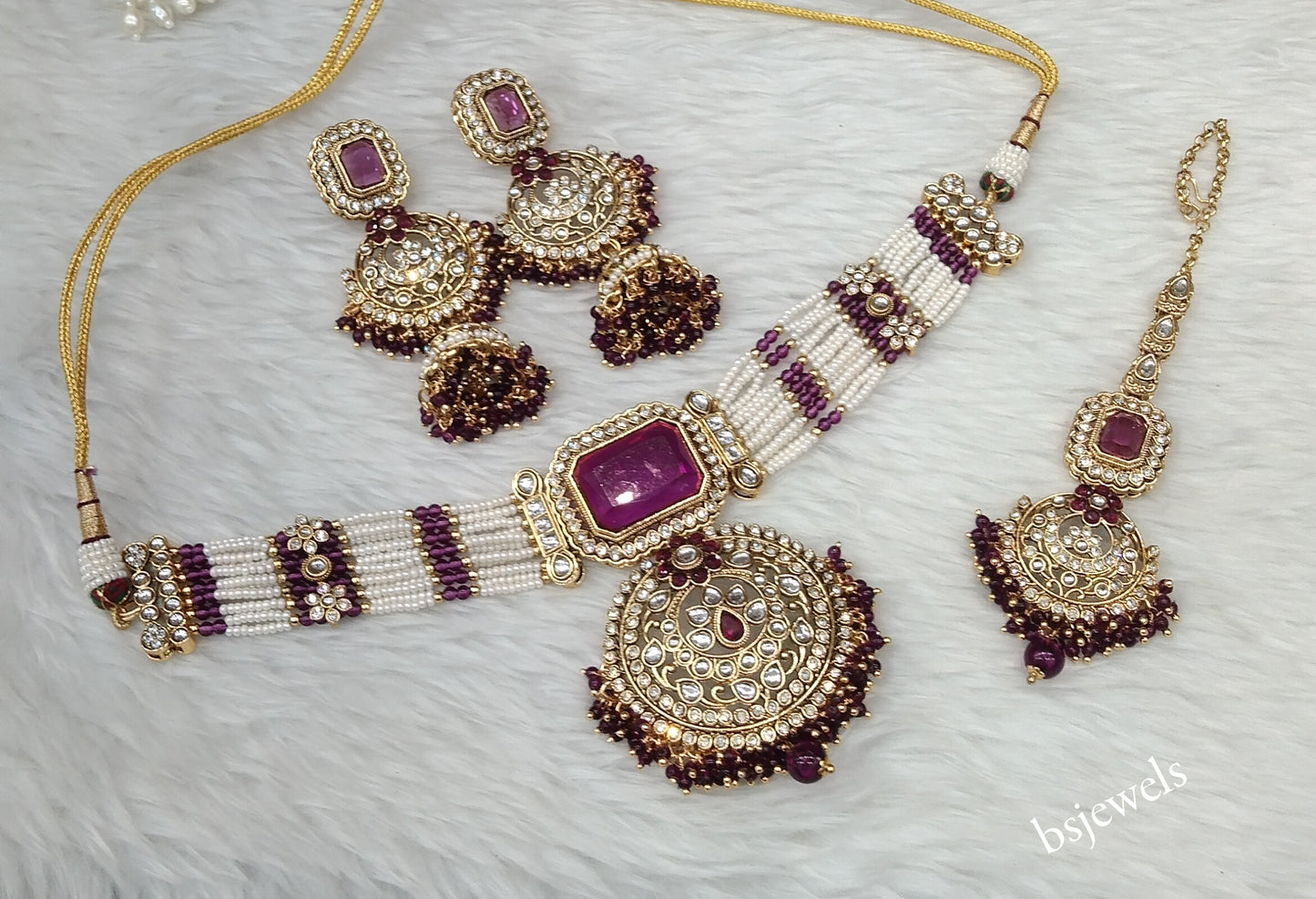Gold Purple Kundan Choker Jewellery Petkoff Set