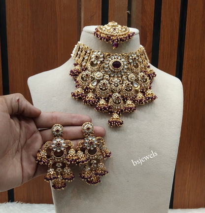 Gold Purple Kundan necklace Set/ kundan Indian Gippy jewellery sets