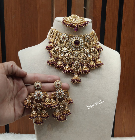 Gold Purple Kundan necklace Set/ kundan Indian Gippy jewellery sets