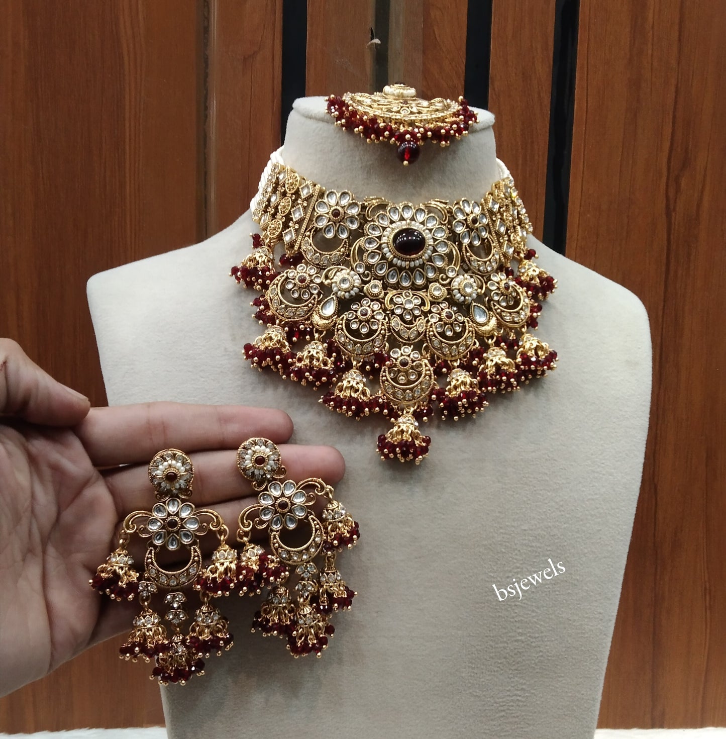 Gold Maroon Kundan necklace Set/ kundan Indian Gippy jewellery sets