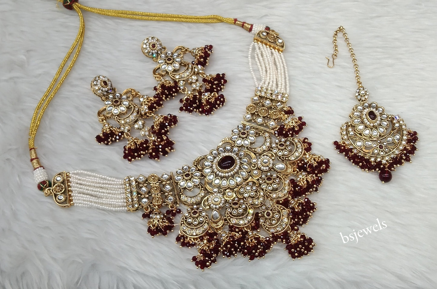 Gold Maroon Kundan necklace Set/ kundan Indian Gippy jewellery sets