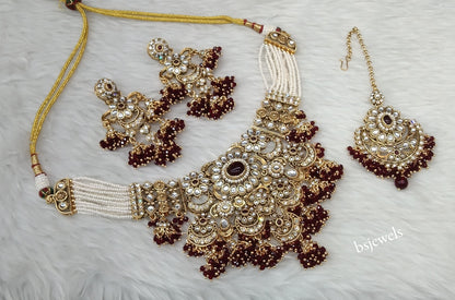 Gold Maroon Kundan necklace Set/ kundan Indian Gippy jewellery sets