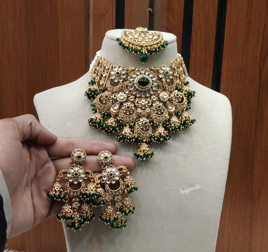 Gold Green Kundan necklace Set/ kundan Indian Gippy jewellery sets