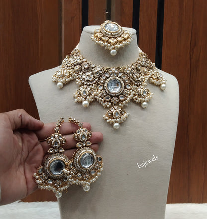 Gold White Kundan necklace Set/ kundan Indian Skyler jewellery sets