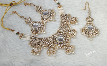 Gold White Kundan necklace Set/ kundan Indian Skyler jewellery sets