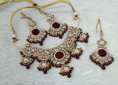 Gold Maroon Kundan necklace Set/ kundan Indian Skyler jewellery sets