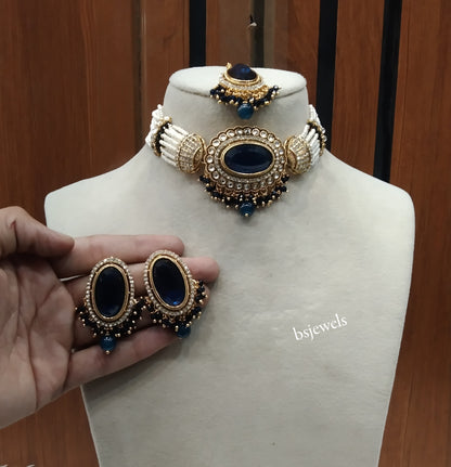 Gold Blue Kundan Choker Jewellery Neetu Sets