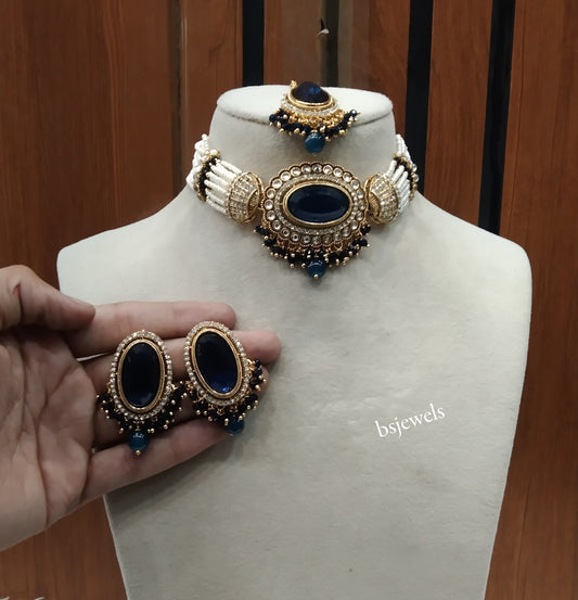 Gold Blue Kundan Choker Jewellery Neetu Sets