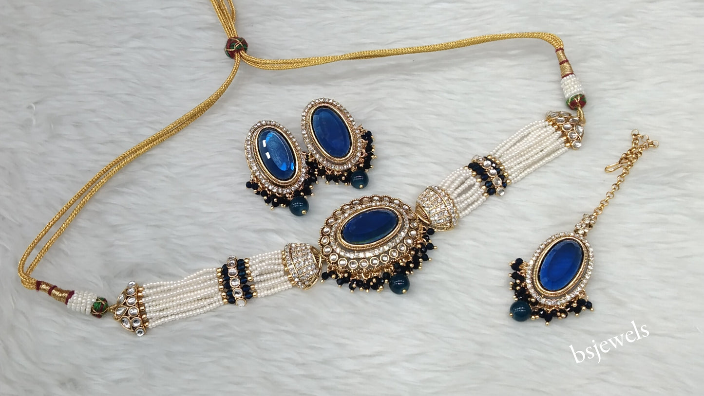 Gold Blue Kundan Choker Jewellery Neetu Sets