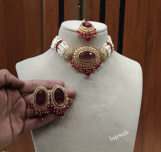 Gold Majenta Kundan Choker Jewellery Neetu Sets