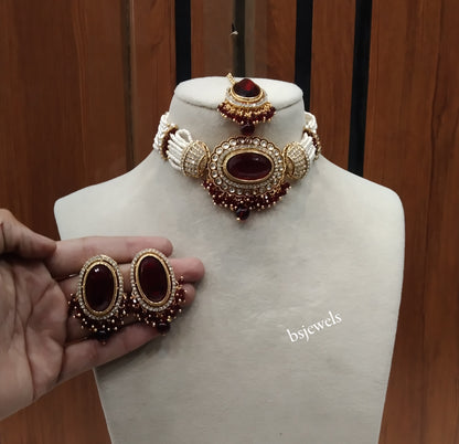 Gold Maroon Kundan Choker Jewellery Neetu Sets