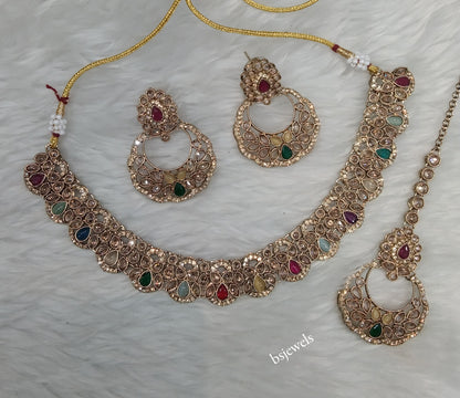 Antique Gold Multi Color Necklace Jewellery Lovedeep Bollywood sets