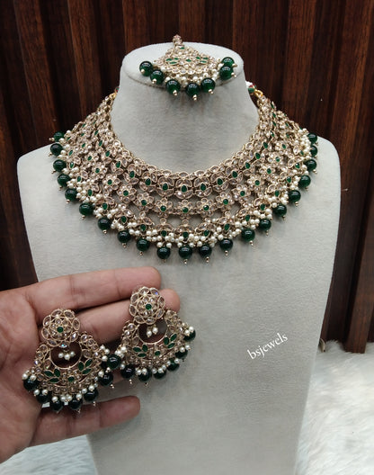 Antique Gold Green Necklace Jewellery Japleen Bollywood sets