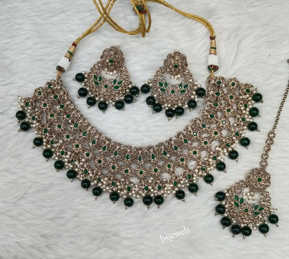 Antique Gold Green Necklace Jewellery Japleen Bollywood sets