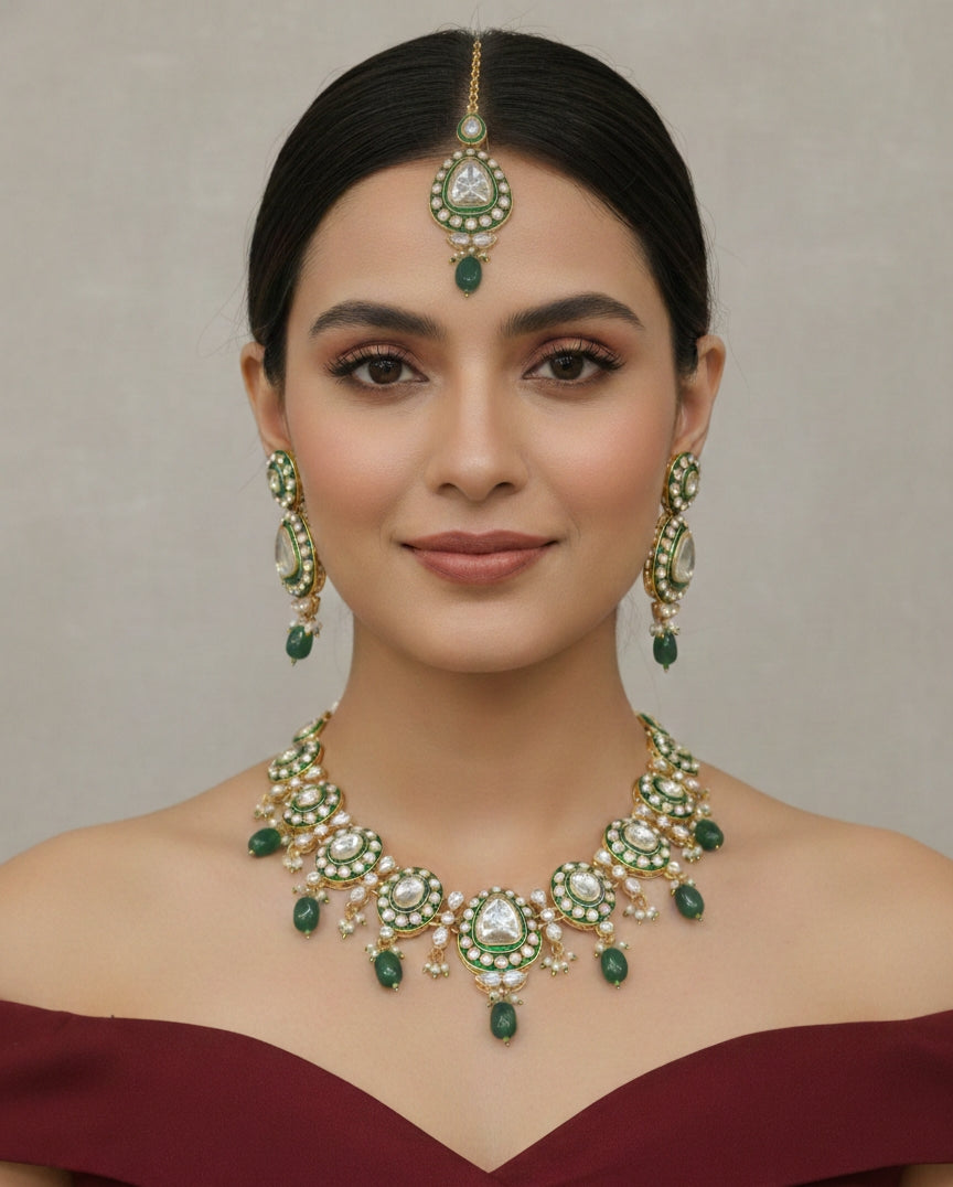 Gold Green Kundan Necklace Jewellery Dimpy Set