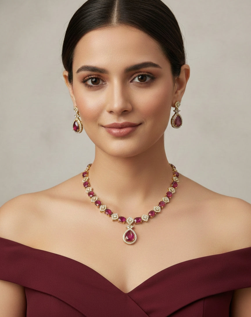 Antique Ruby American Diamond Ad Necklace Jasika Sets