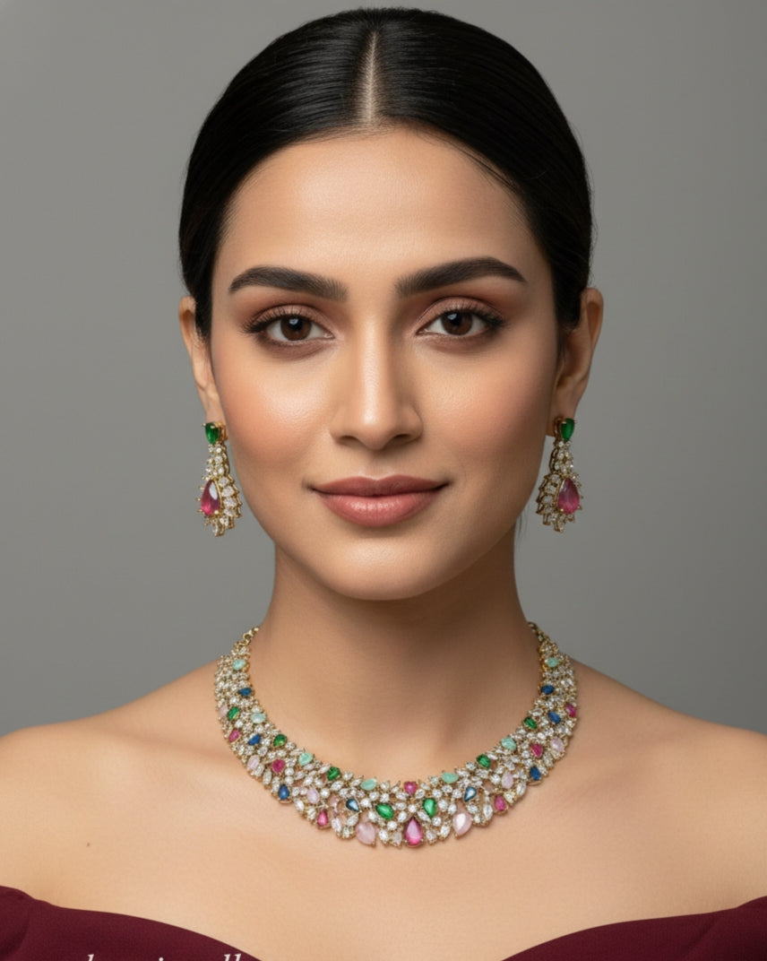 Antique Multi Color American Diamond Ad Necklace Heroin Sets