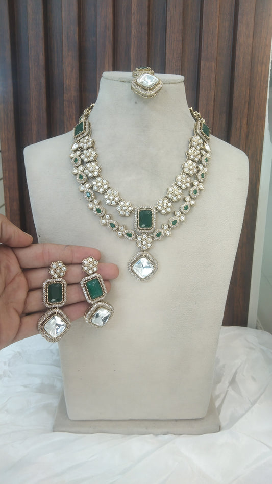 Green Moissanite Kundan Necklace Jewellery Bholi Set