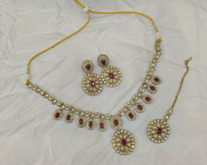 Maroon Moissanite Kundan Necklace Jewellery Bholi Set