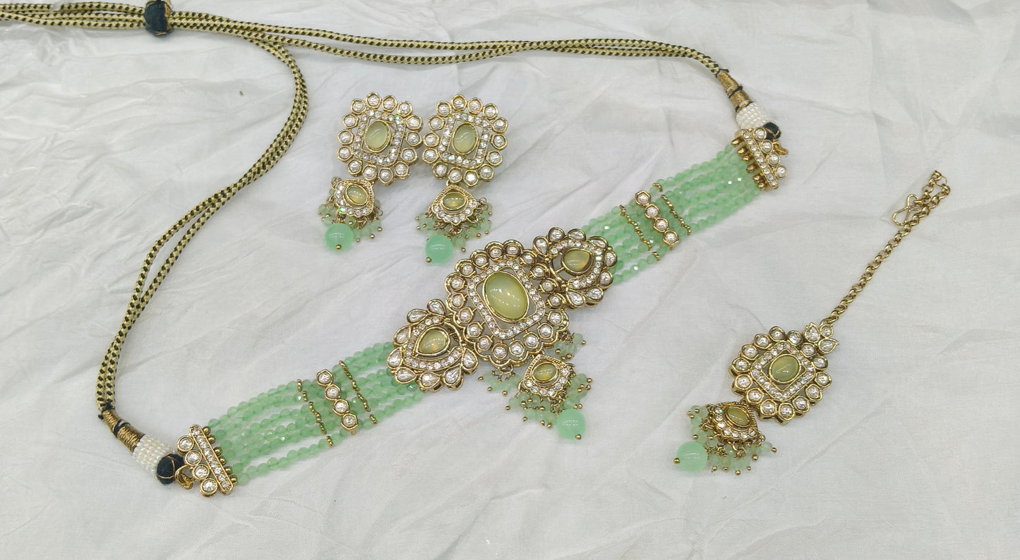 Pista Moissanite Kundan Choker Jewellery Gini Set