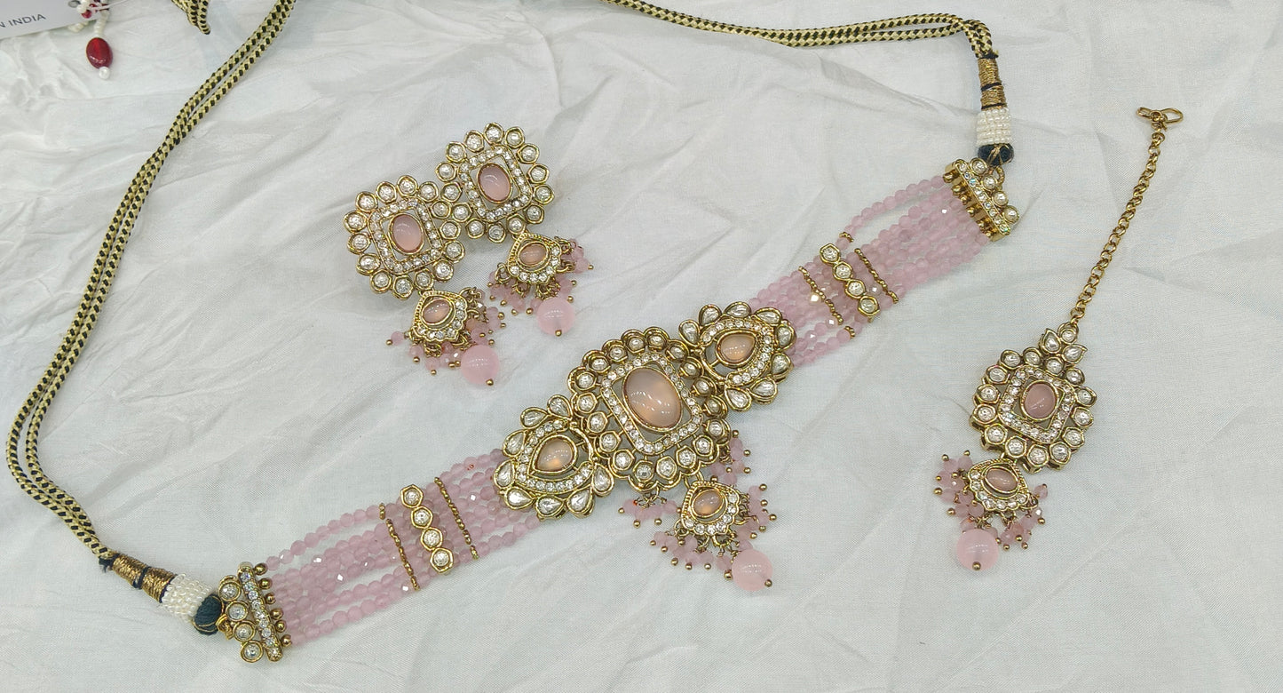 Pink Moissanite Kundan Choker Jewellery Gini Set