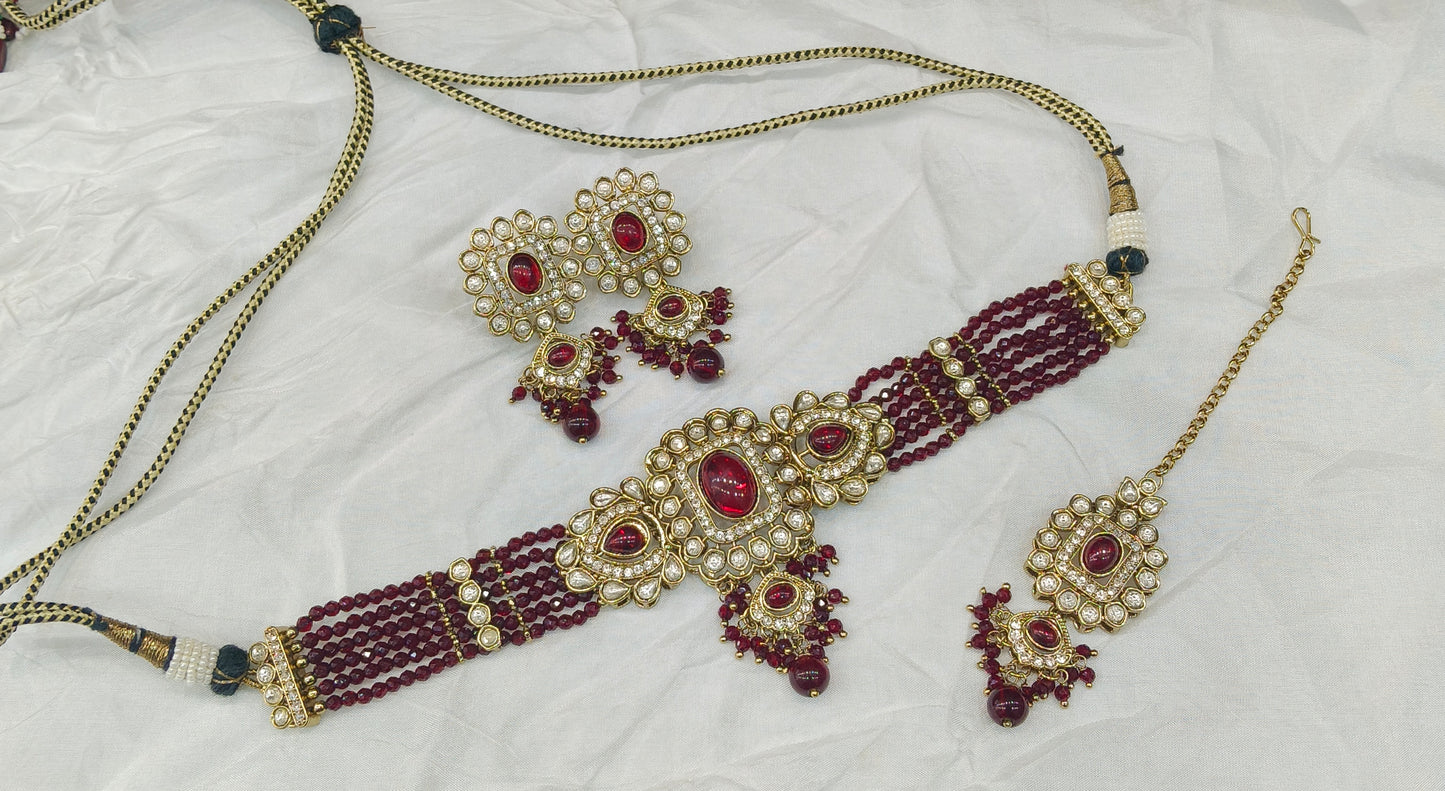 Maroon Moissanite Kundan Choker Jewellery Gini Set