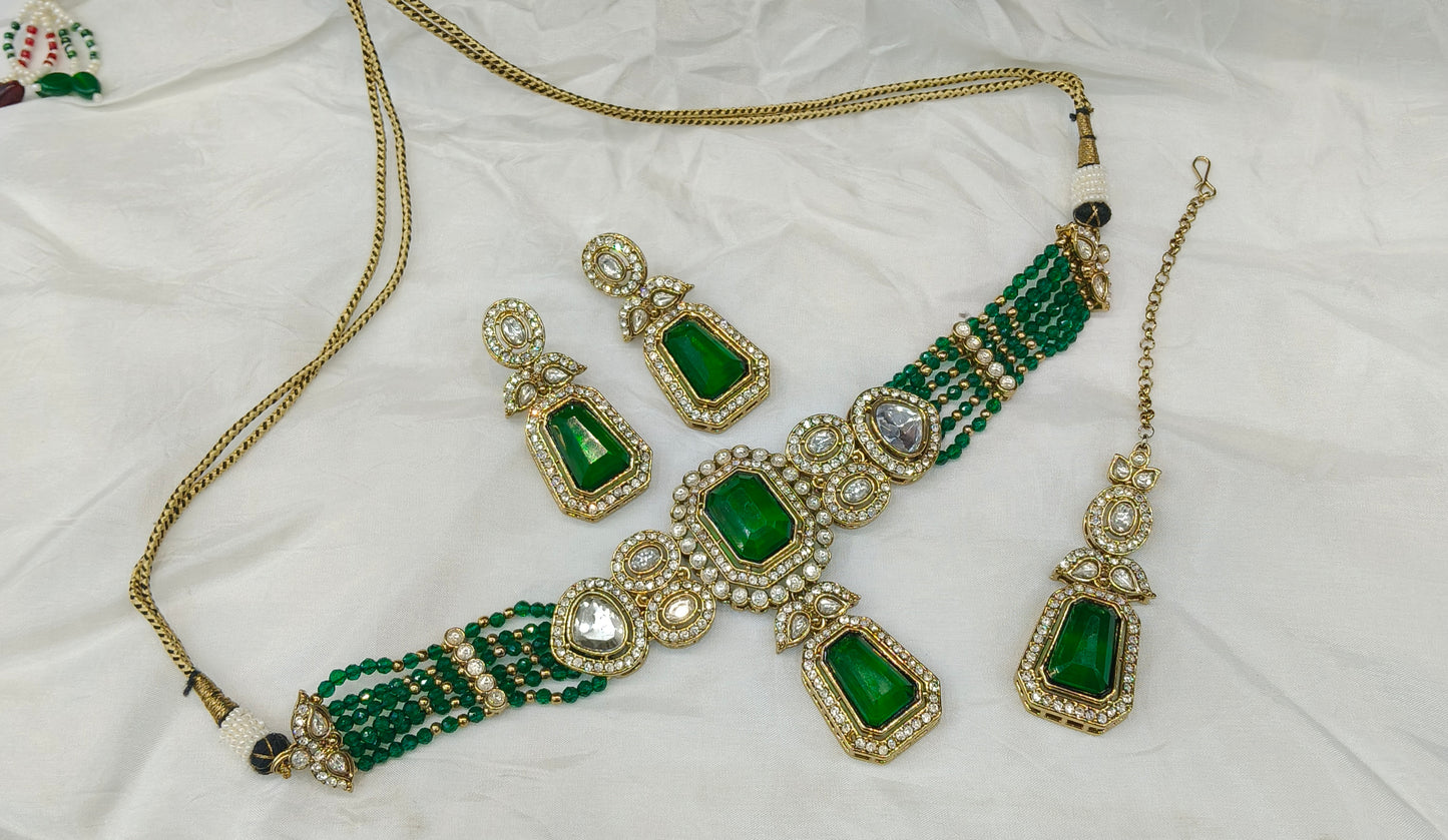 Green Moissanite Kundan Choker Jewellery Gini Set