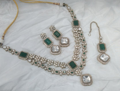 Green Moissanite Kundan Necklace Jewellery Bholi Set