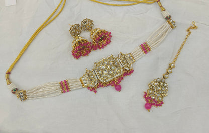 Gold Dark Pink Kundan Choker Jewellery Jai Set