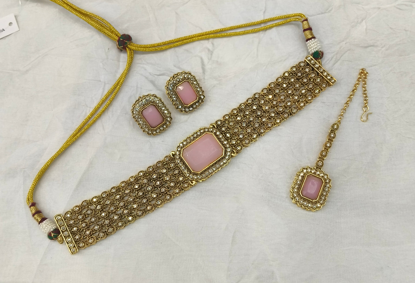 Gold Pink Kundan Choker Jewellery Gunjan Set