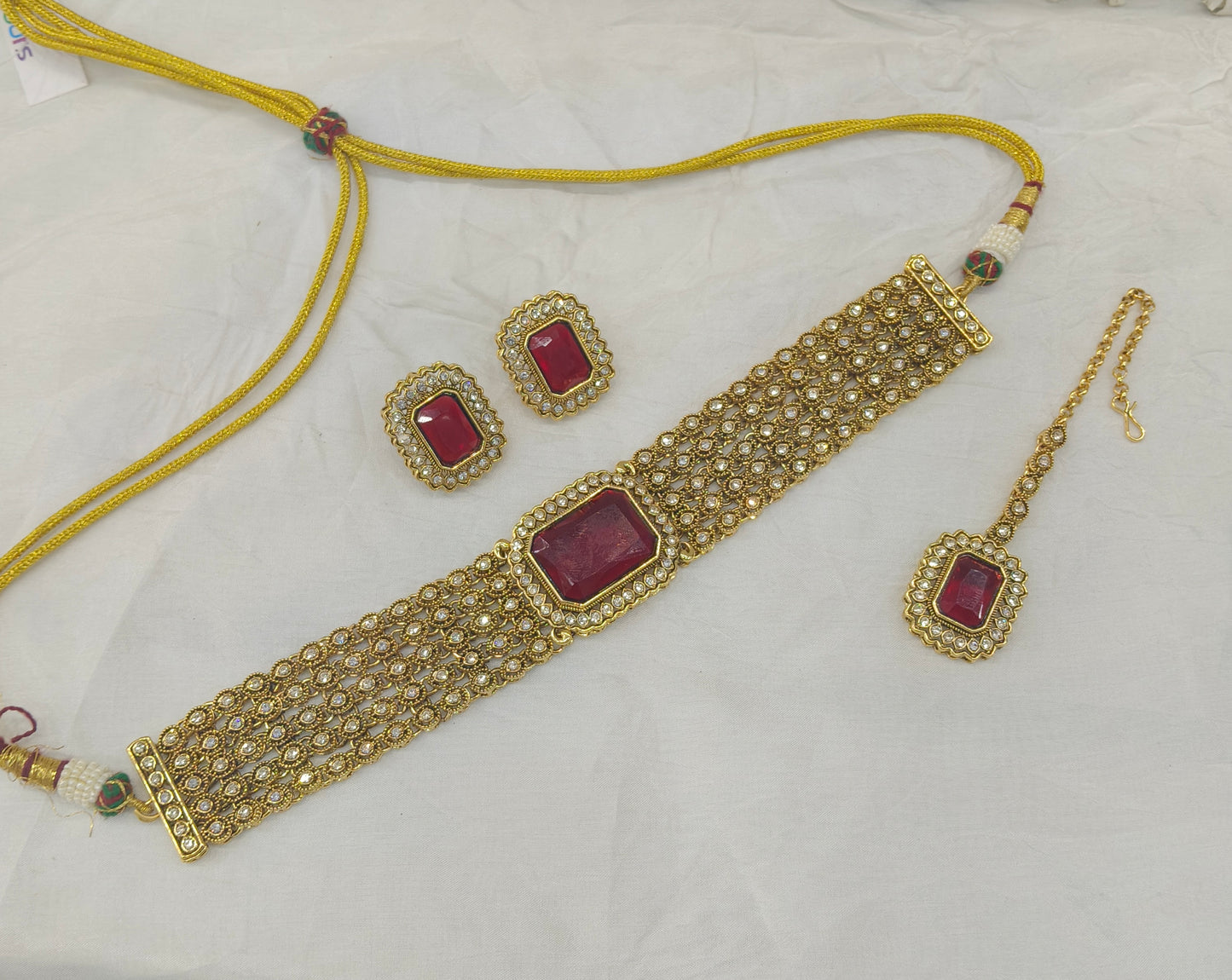 Gold Maroon Kundan Choker Jewellery Gunjan Set