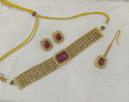 Gold Maroon Kundan Choker Jewellery Gunjan Set
