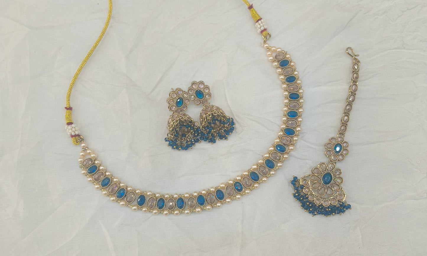 Antique Gold Blue Necklace Jewellery Jagjeet Bollywood sets