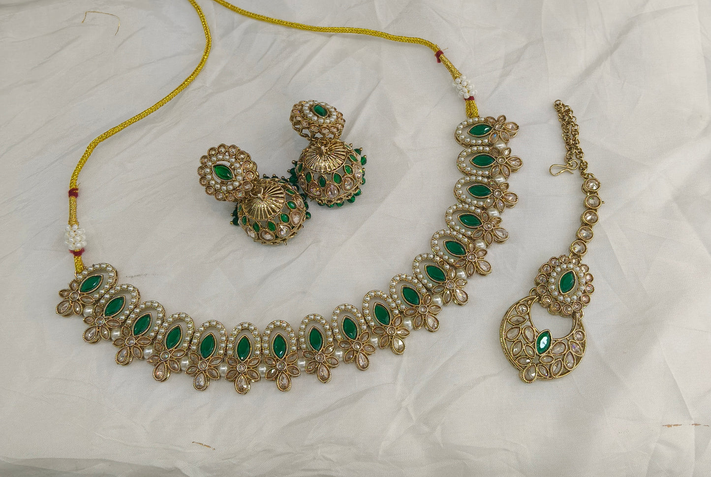 Antique Gold Green Necklace Jewellery Risha Bollywood sets