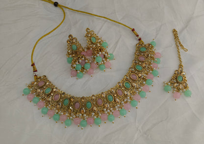 Antique Gold Mint Pink Necklace Jewellery Kitty Bollywood sets