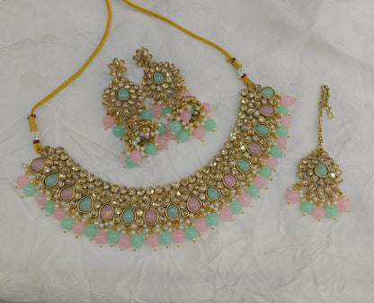 Antique Gold Mint Pink Necklace Jewellery Devika Bollywood sets
