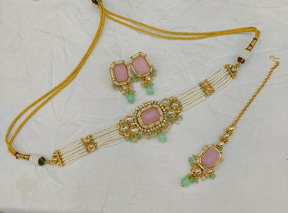 Mint Pink Kundan Choker Jewellery Sama Set
