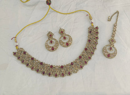 Maroon Antique Gold Necklace Jewellery Race Set
