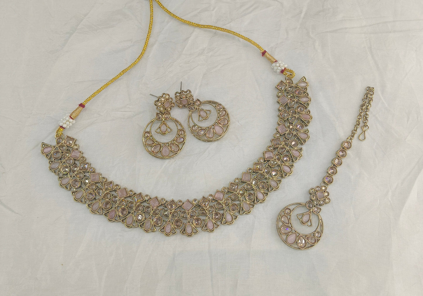 Pink Antique Gold Necklace Jewellery Race Set
