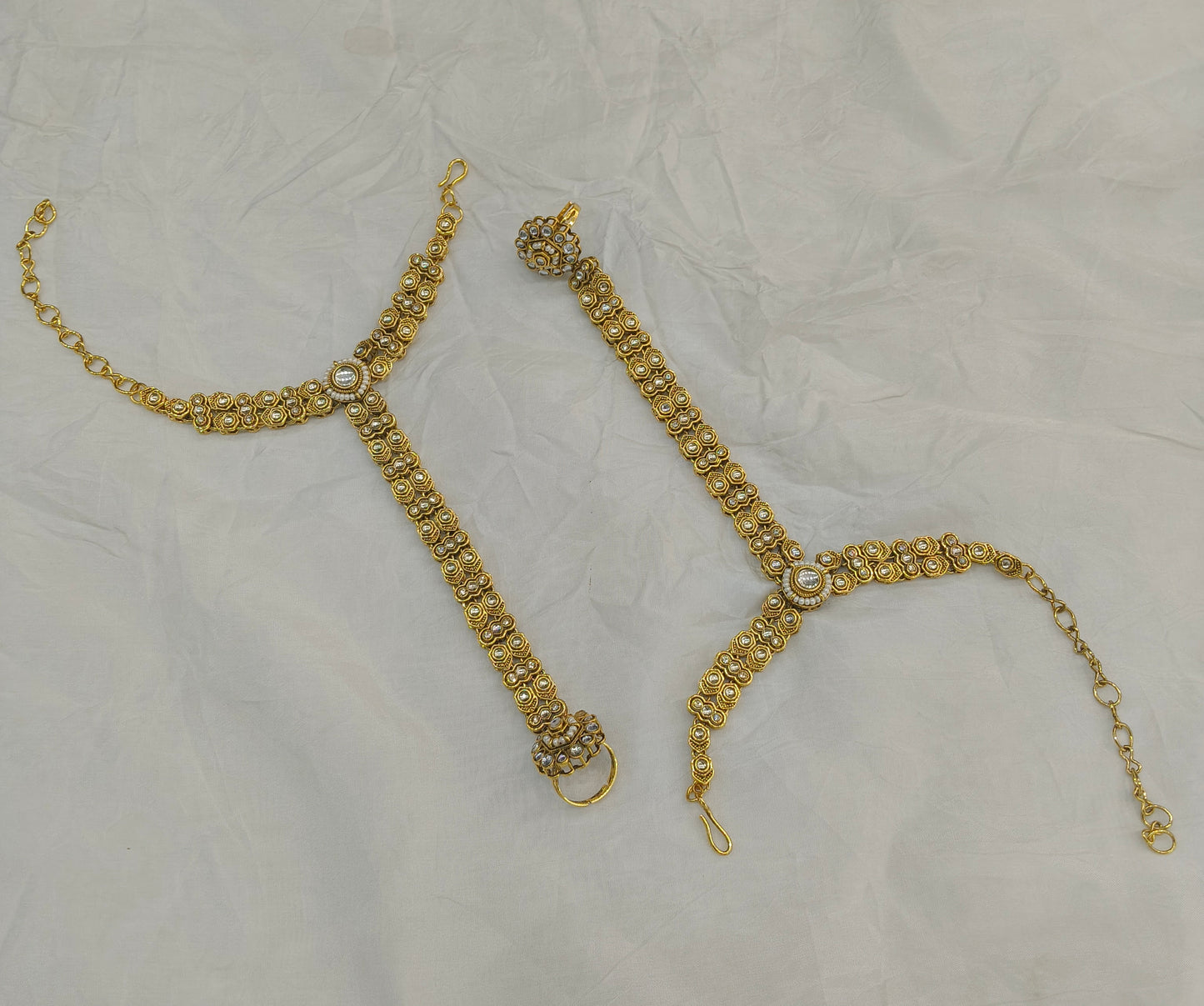 Hand Bracelets Gold White Kundan Bridal Pair Finger Ring Panja Jewellery