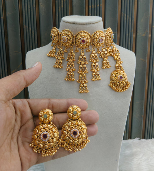 Gold Polki Multi Color Waterfall Choker Jewellery Joe Set