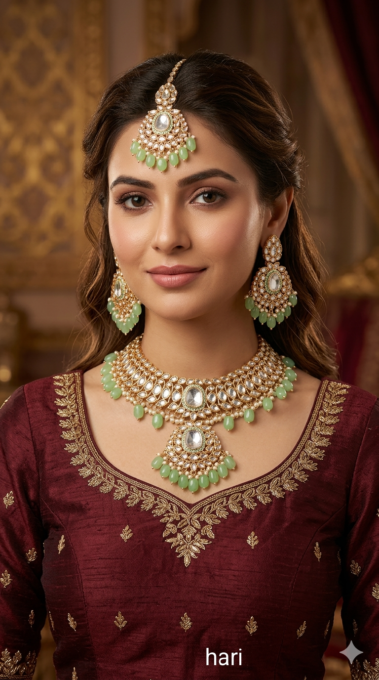 Pista Green Kundan 21 Karet Necklace Jewellery Hari Set