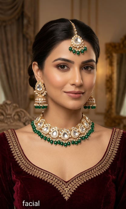 Green Kundan 21 Karet Necklace Jewellery Hari Set