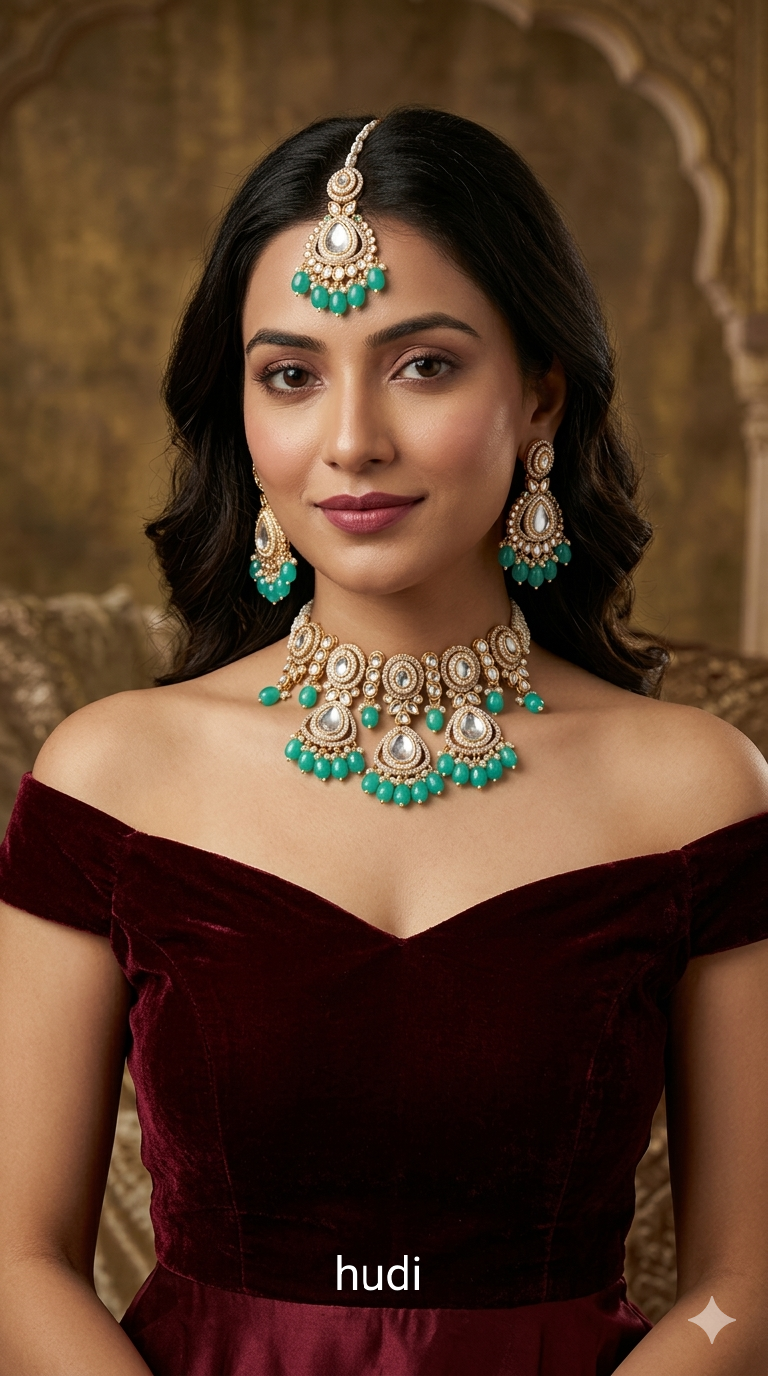 Turquosi Kundan 21 Karet Choker Jewellery hudi Set