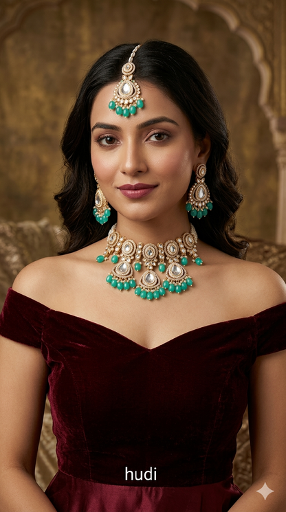 Turquosi Kundan 21 Karet Choker Jewellery hudi Set
