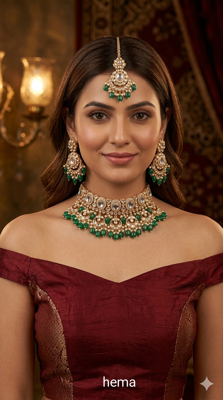 Green Kundan 21 Karet Choker Jewellery Huchi Set