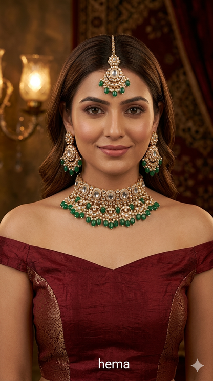 Green Kundan 21 Karet Choker Jewellery Huchi Set