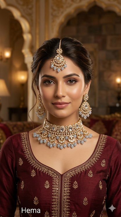 Grey Kundan 21 Karet Choker Jewellery Huchi Set
